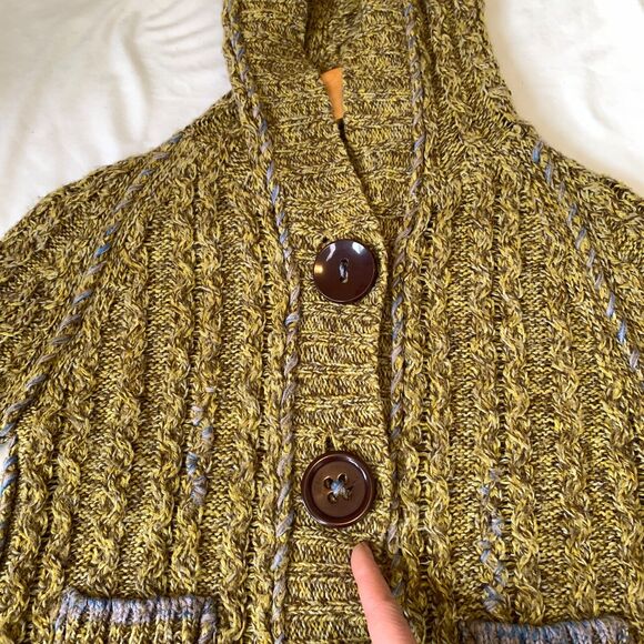 Vtg Free People Chunky Hooded Cable Knit Cardigan Sweater Wool S Green Brown - Picture 4 of 8